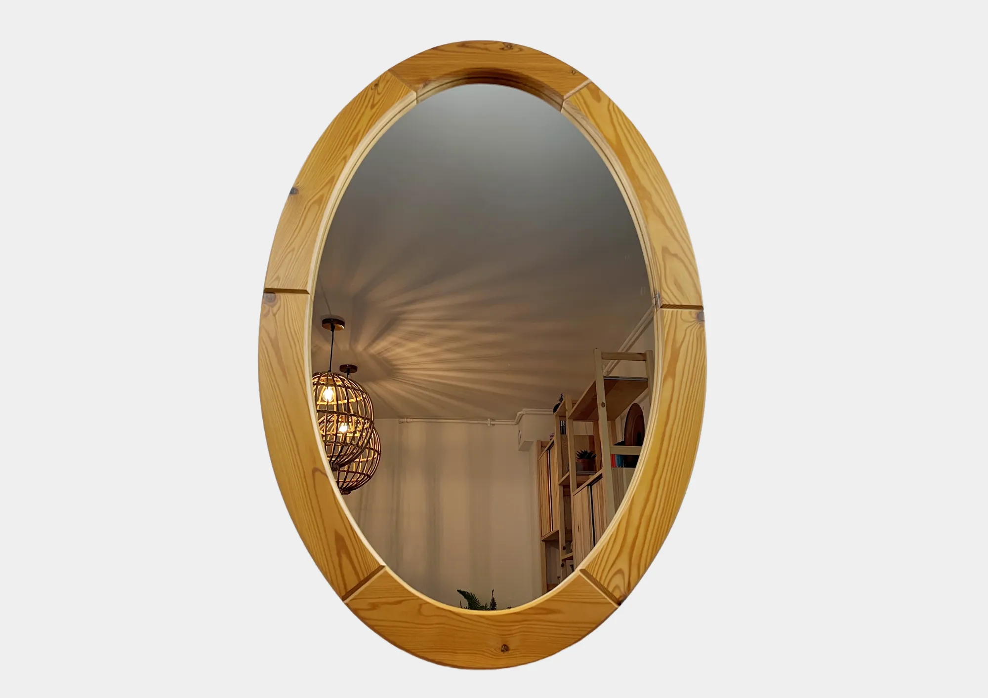 Owalne szwedzkie lustro z lat 70 – lite drewno - Mid-Century Modern, Skandynawski, Vintage, PRL